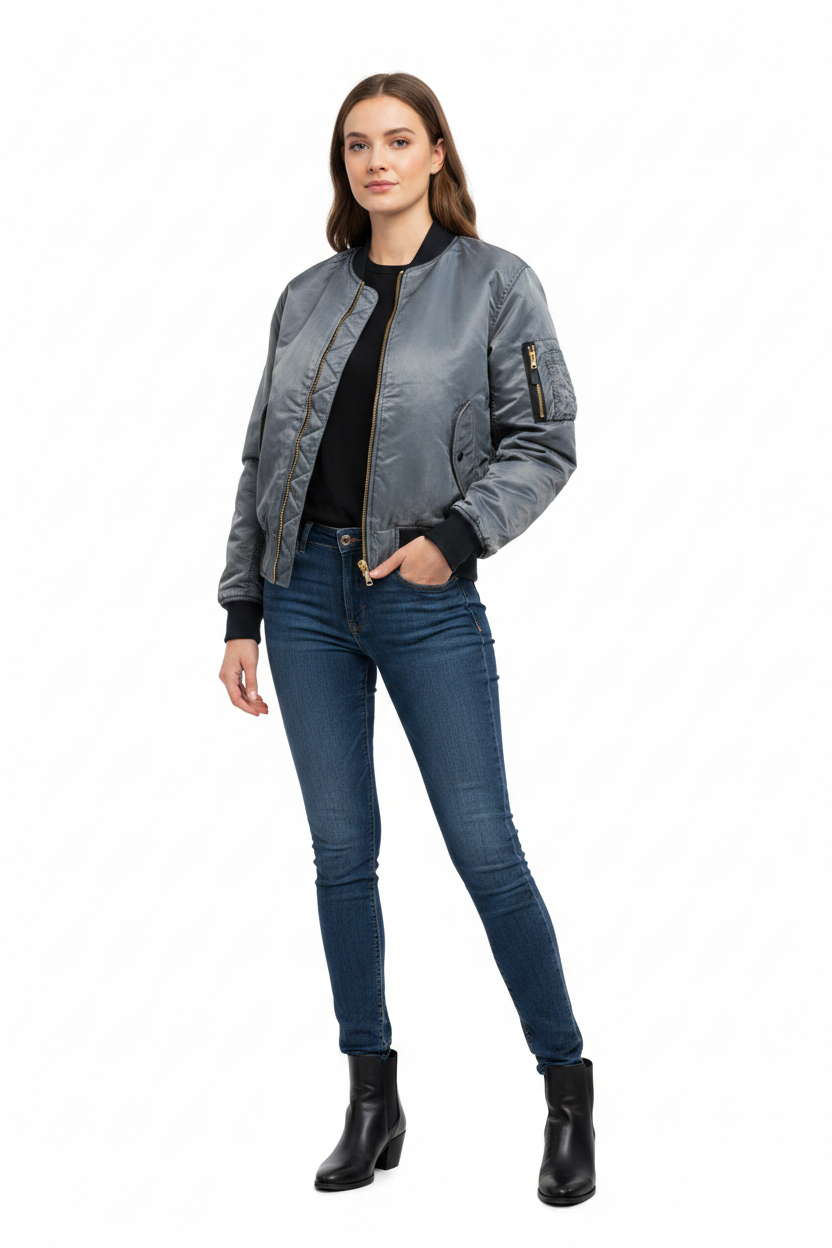 Black Stone Washed MA1 Female Fashion Pose
