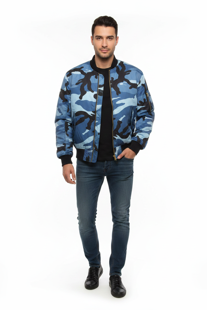Blue Camo MA1 Male Fashion Pose