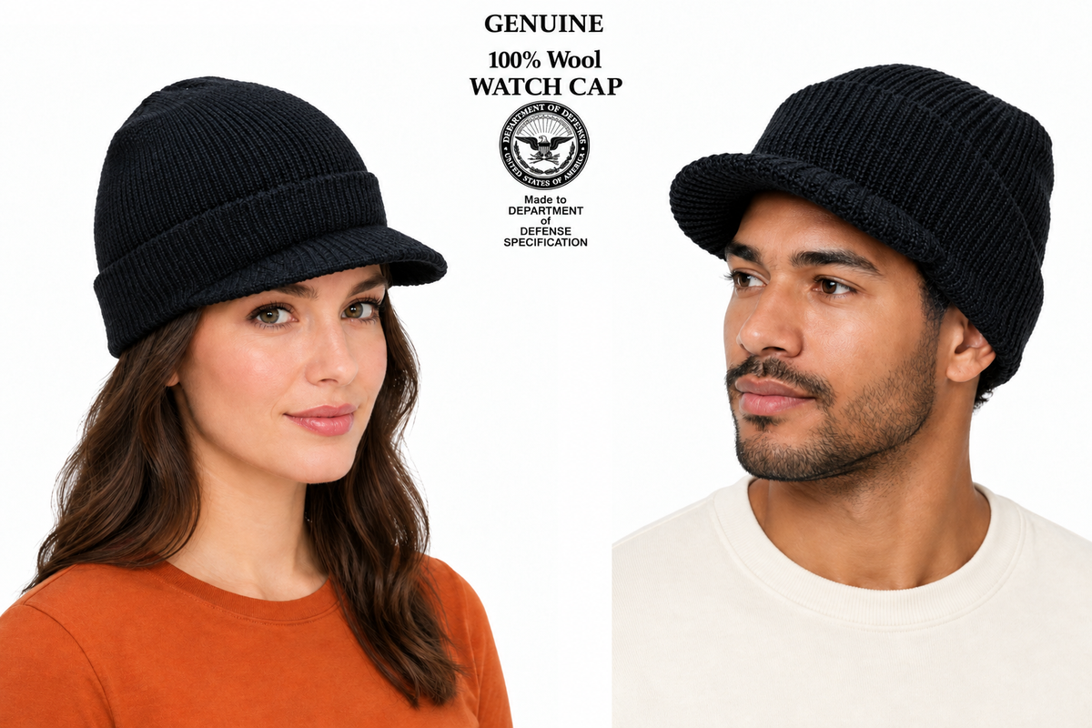 both models wearing black wool watch caps