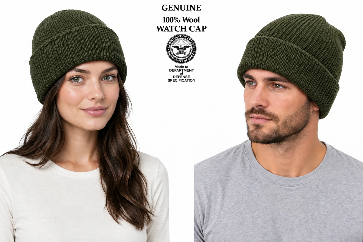 Both watch caps in matching olive green