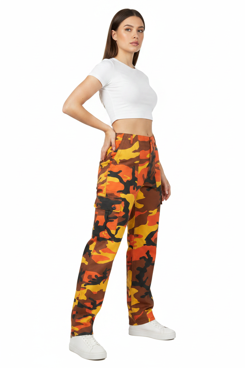 Bright Camo Trousers - Female Fashion Model