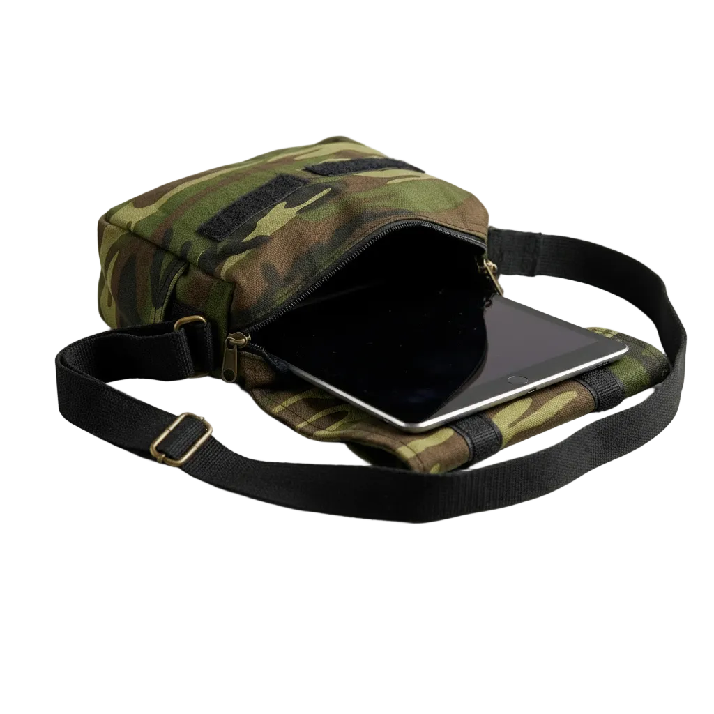 Camouflage bag with an iPad partially inside