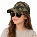 Camouflage cap on a young girl wearing sunglasses