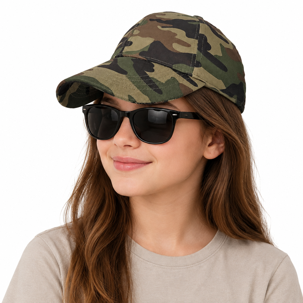 Camouflage cap on a young girl wearing sunglasses