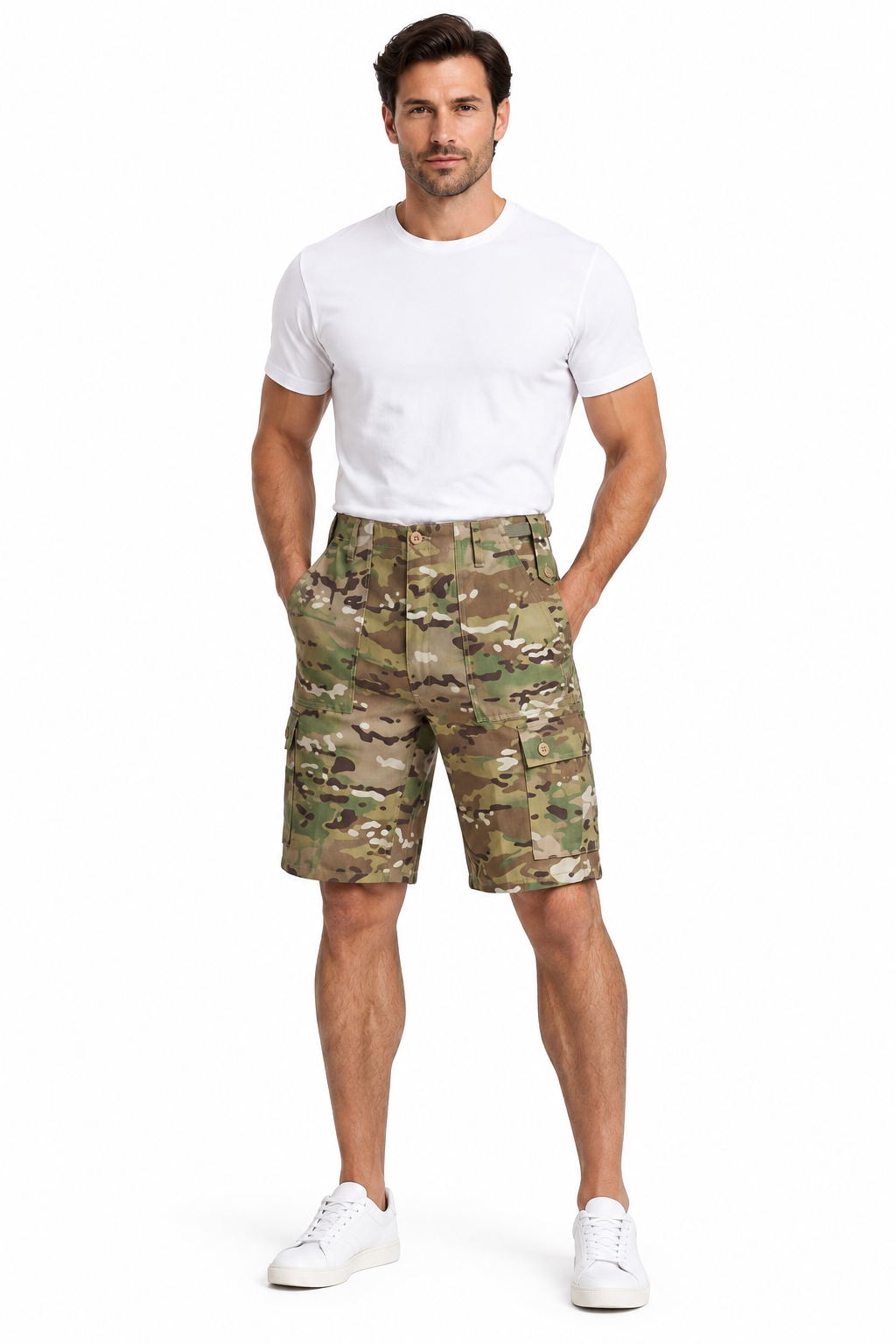 Camouflage cargo shorts on a full-length male model
