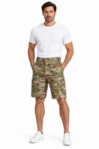 Camouflage cargo shorts on a full-length male model