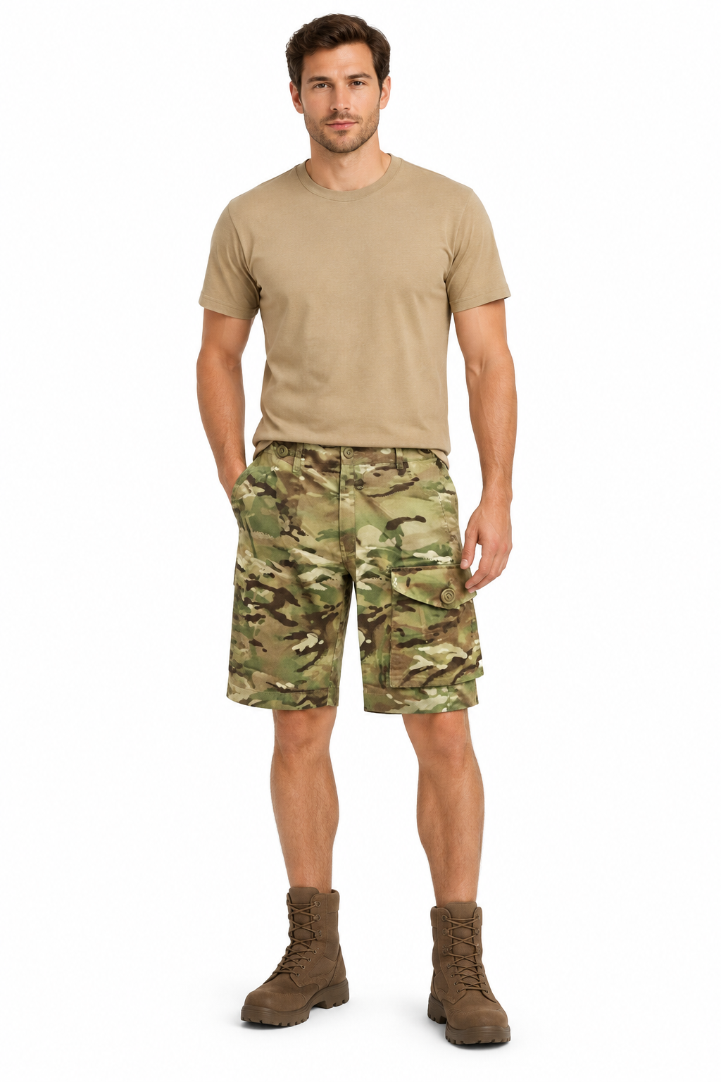 Camouflage shorts styled on a model with a tan T-shirt and brown boots