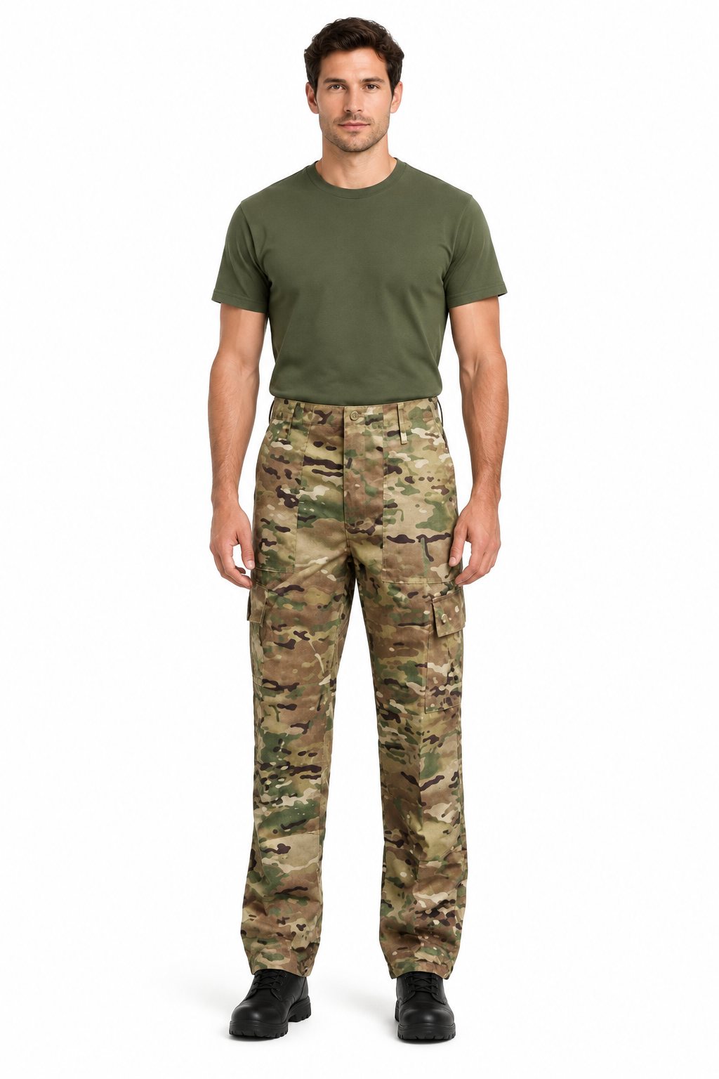 Camouflage trousers styled on a male model with a green T-shirt and black boots