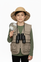 Child explorer with magnifying glass and binoculars in khaki vest