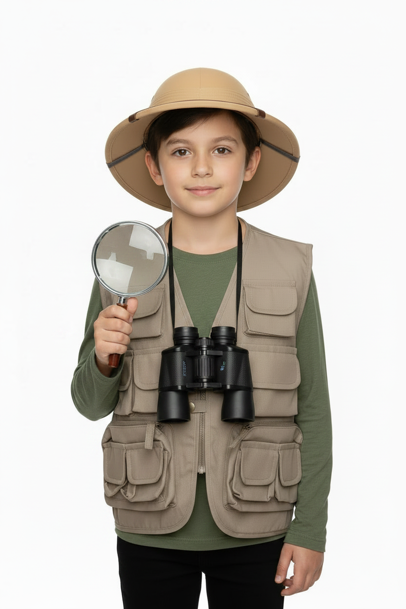 Child explorer with magnifying glass and binoculars in khaki vest