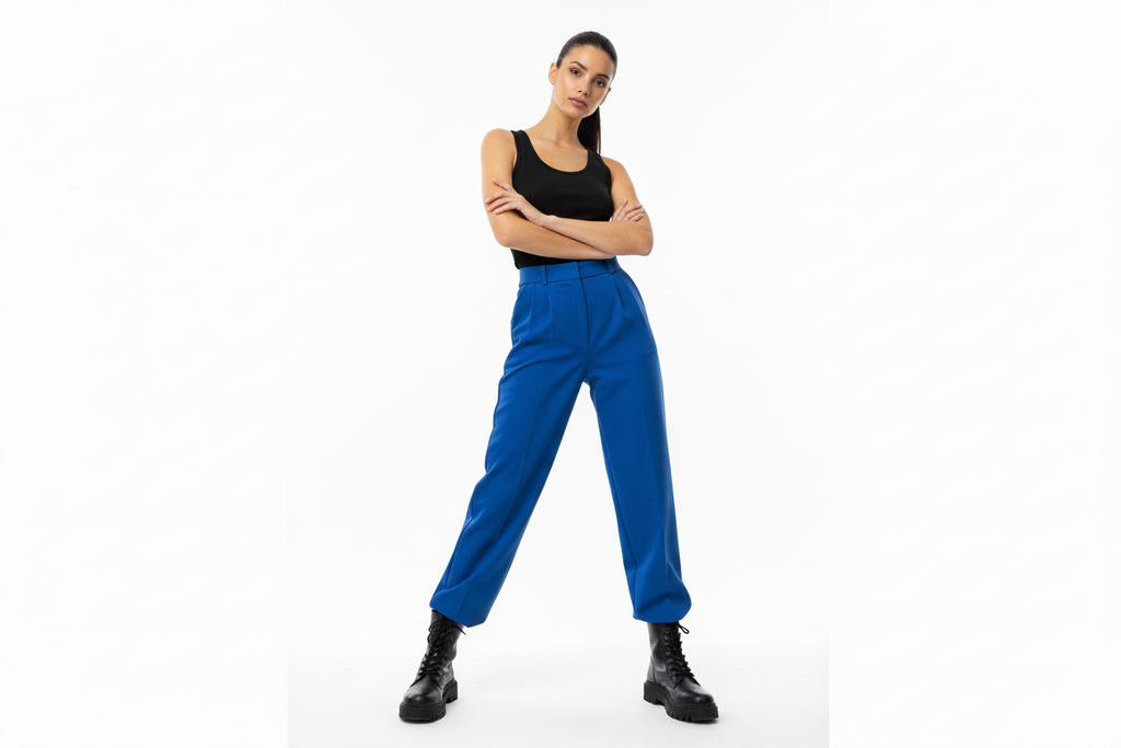 Female model blue trousers - black vest