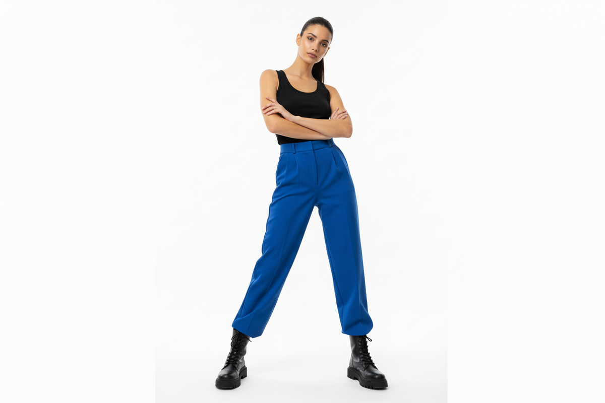 Female model blue trousers - black vest