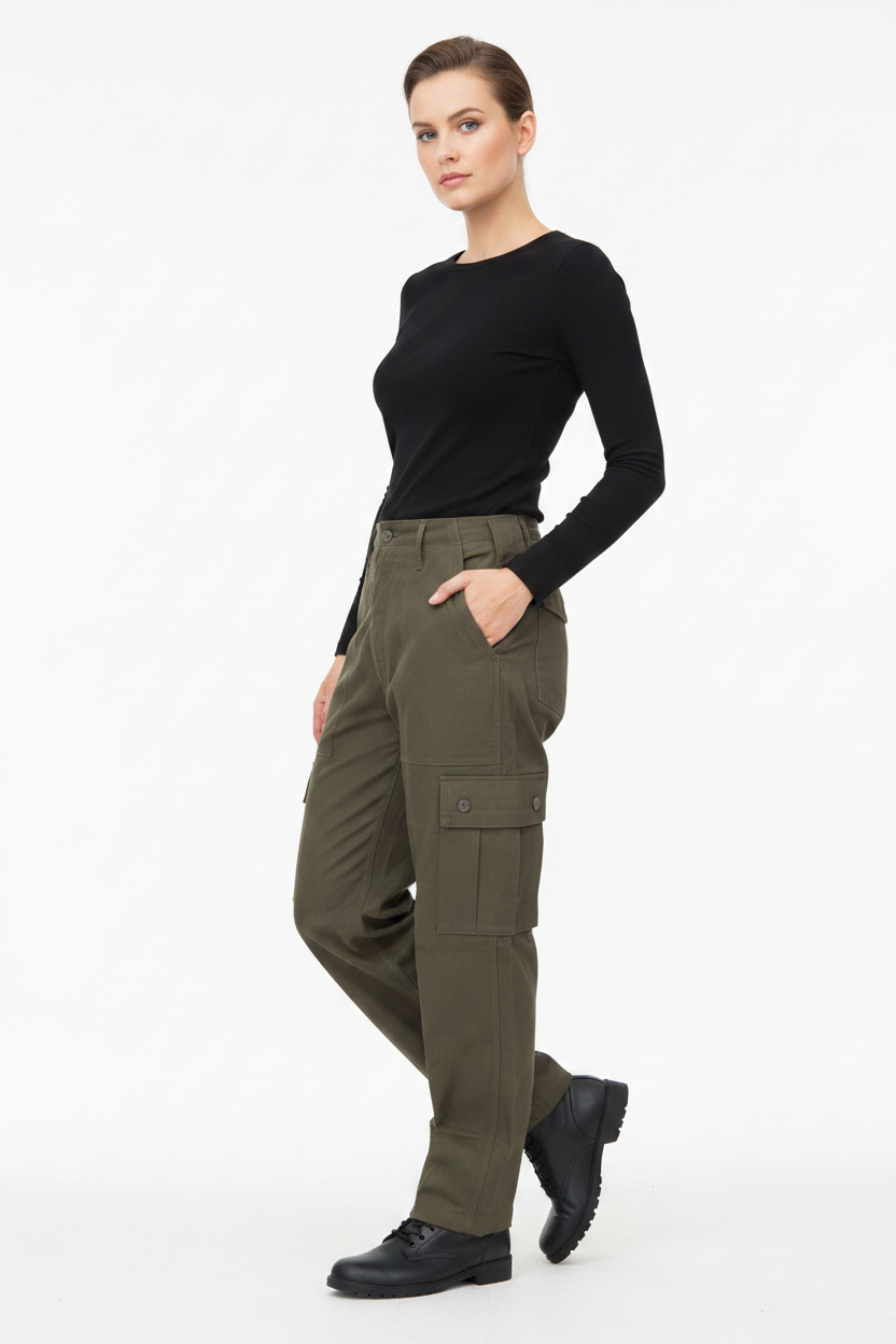 Female Model Fashion Pose - Green Combat Trousers