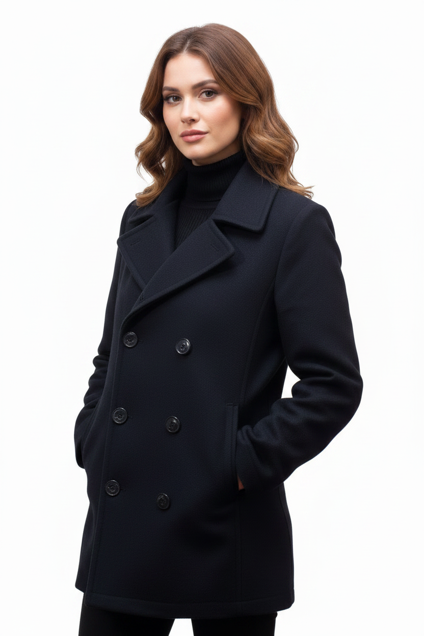 Female model in black peacoat