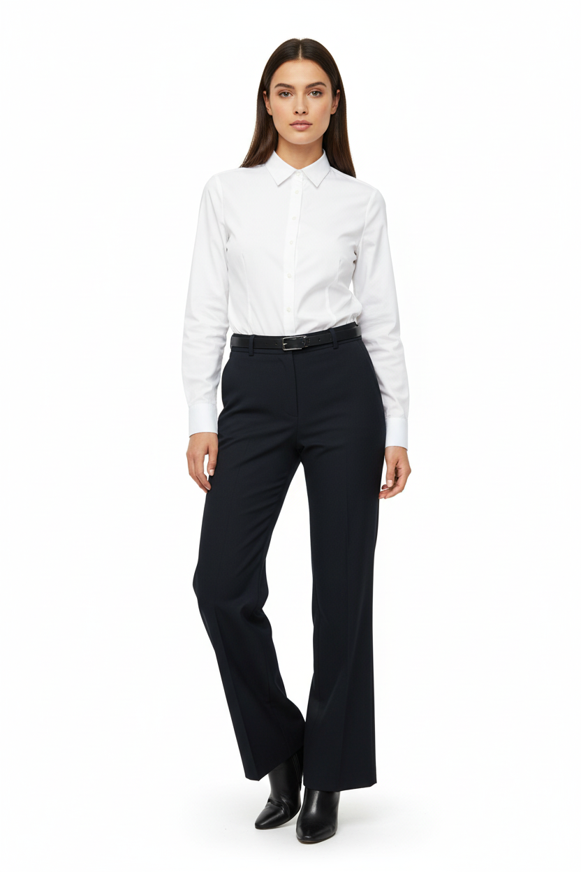 Female model in navy dress trousers