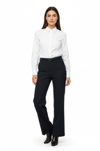 Female model in navy dress trousers