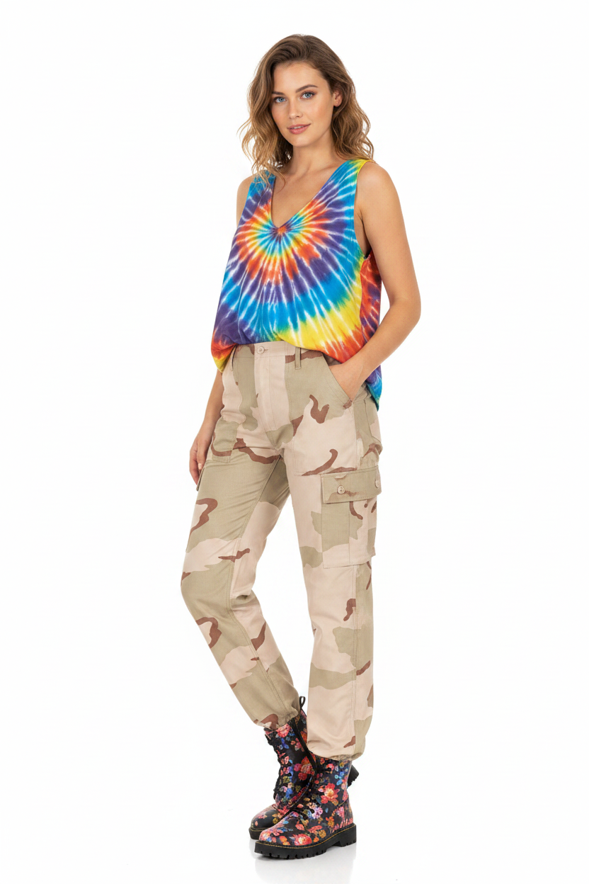 Female Model - Tie Dye Vest & Floral Boots