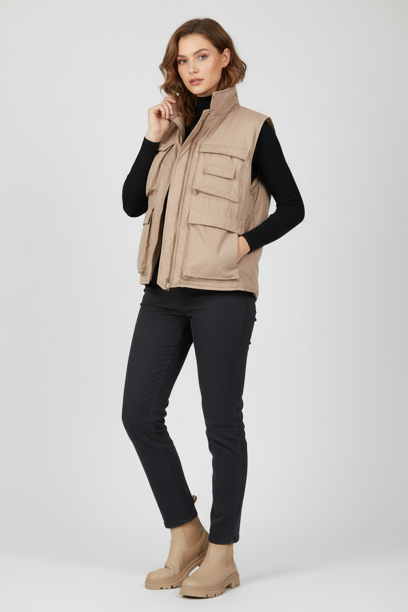 Female model wearing beige bodywarmer
