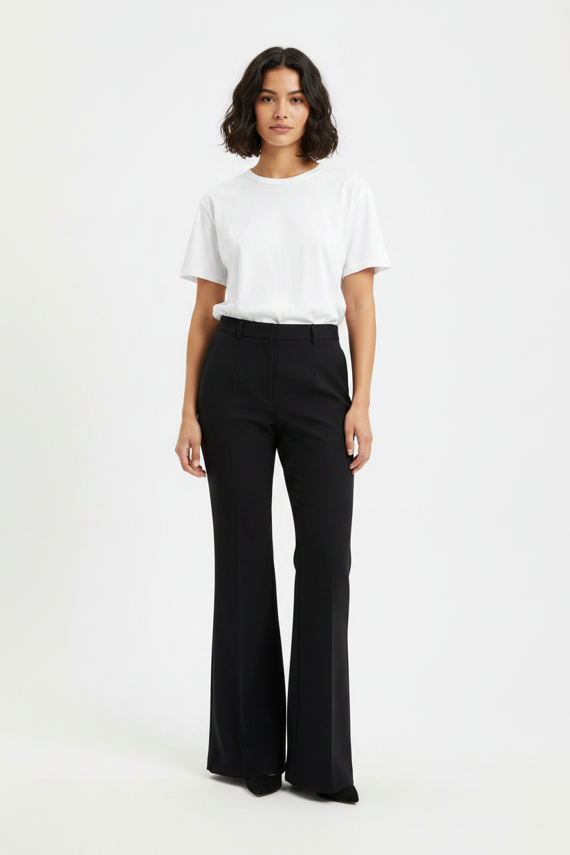 Female model wearing bell bottom trousers from reference