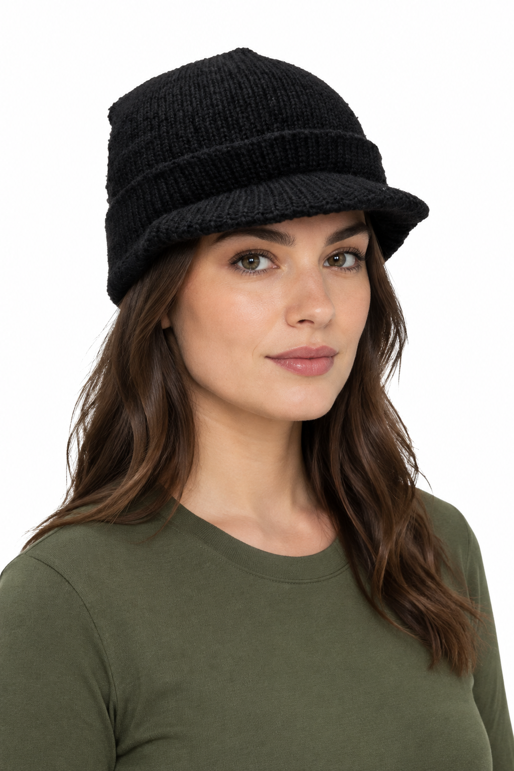 Female model wearing the black peaked wool radar hat