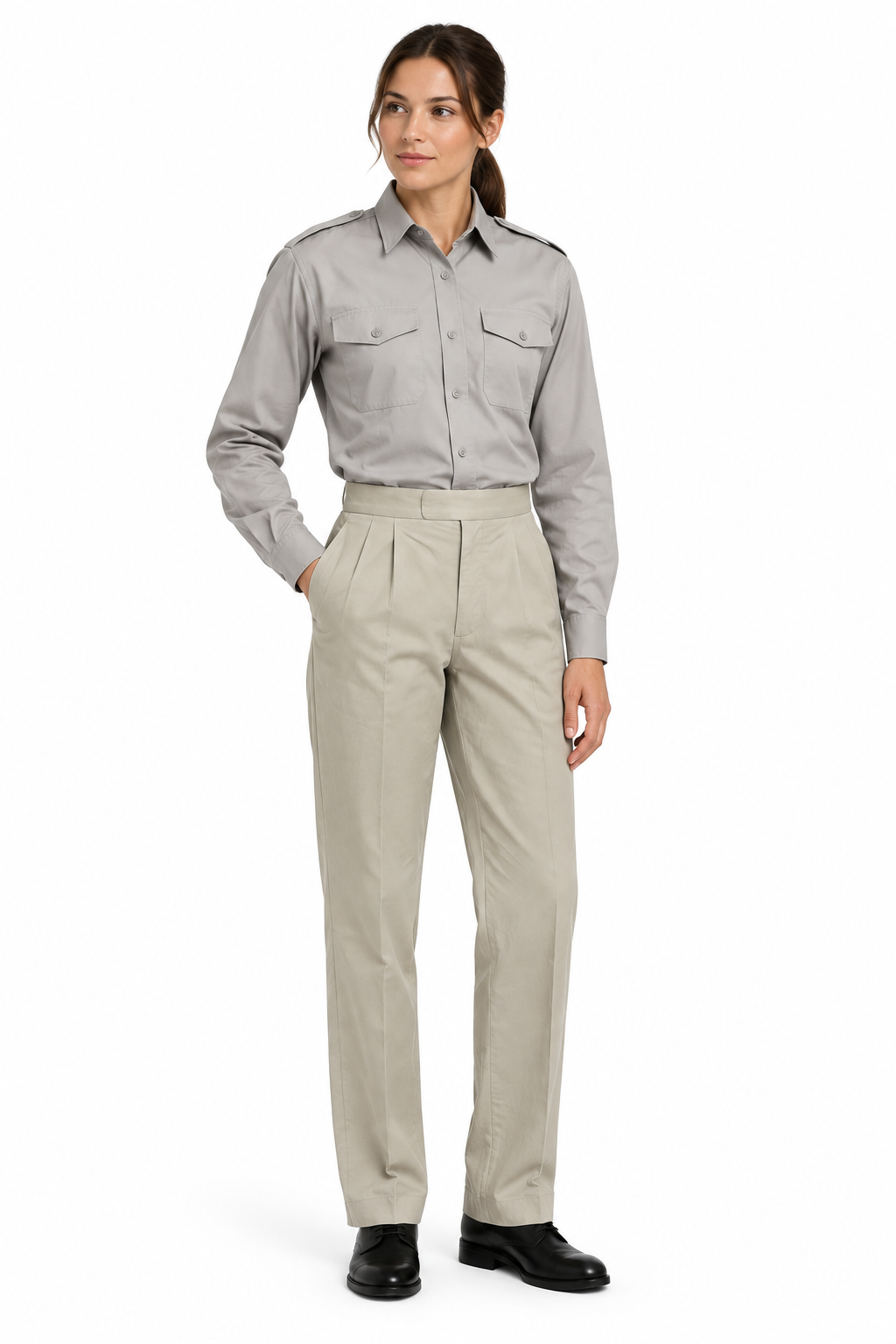 Female model wearing the tucked-in shirt, khaki trousers and black shoes