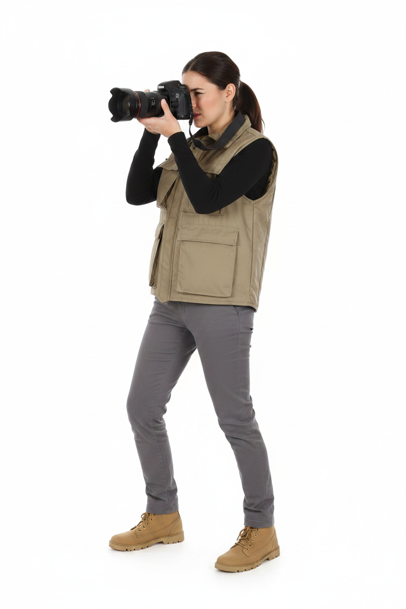 Female photographer with tan boots and grey pants