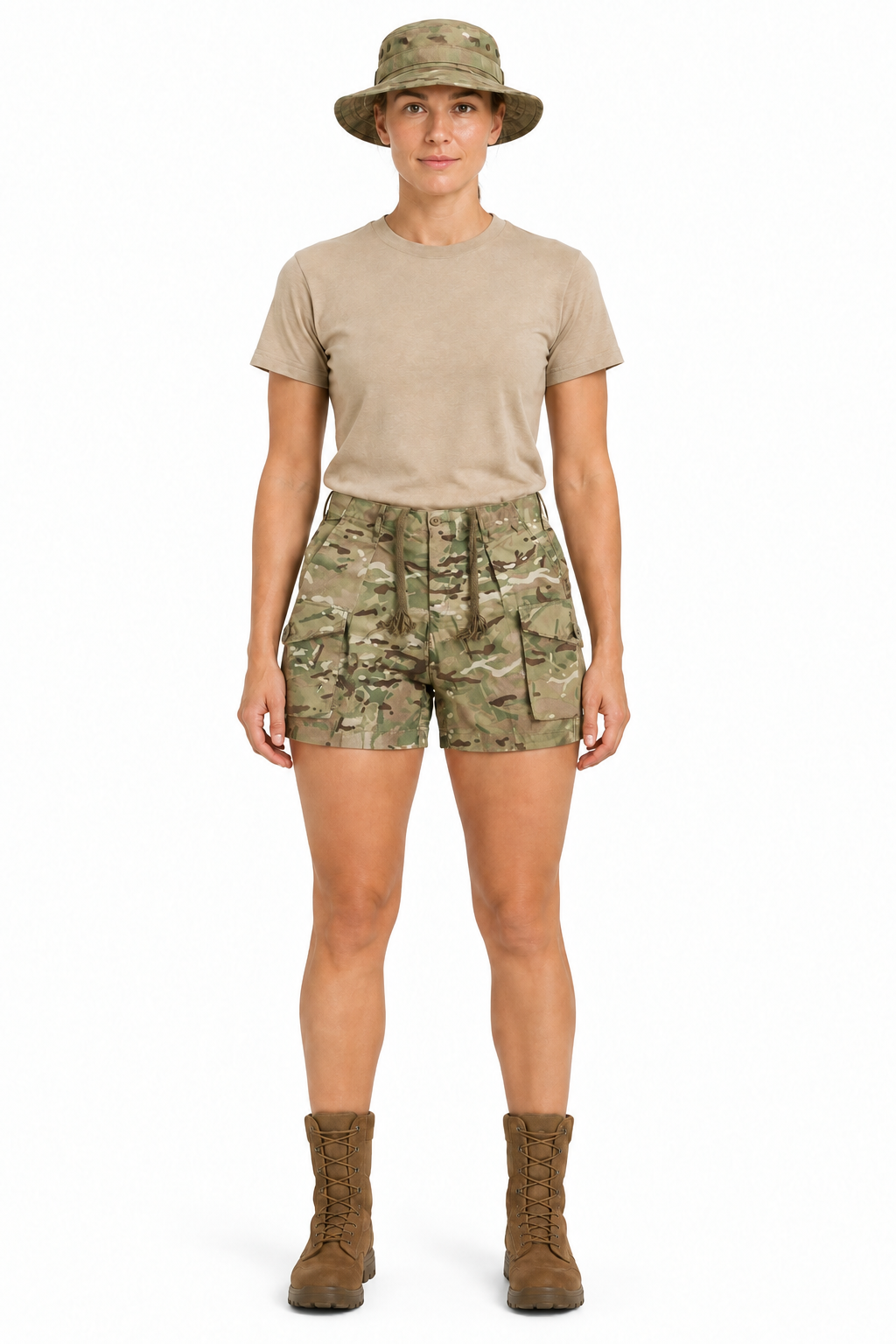 Female soldier wearing camouflage shorts with corrected cargo pockets