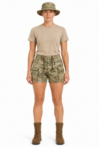 Female soldier wearing camouflage shorts with corrected cargo pockets