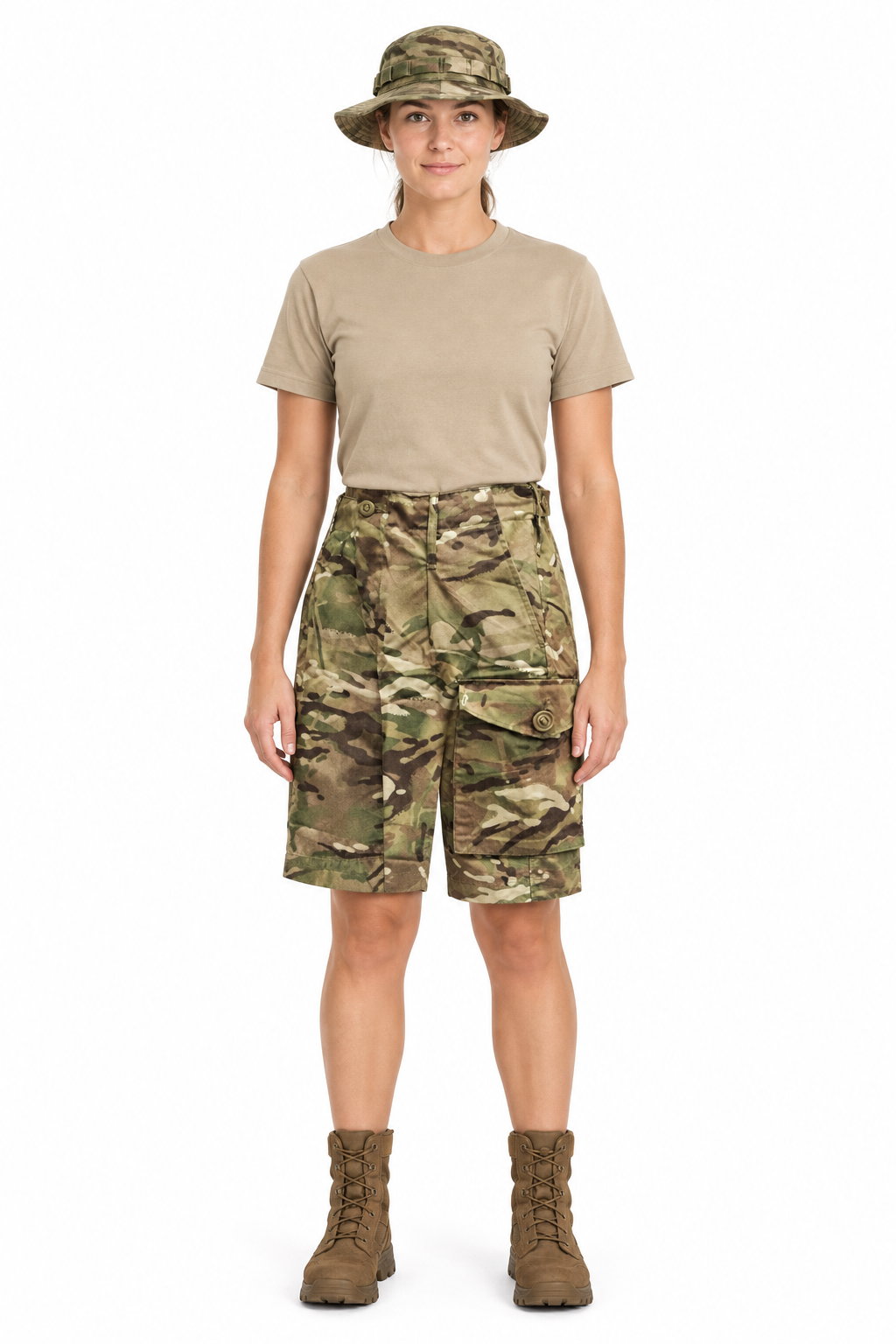 Female soldier wearing the original camouflage shorts with an MTP boonie hat