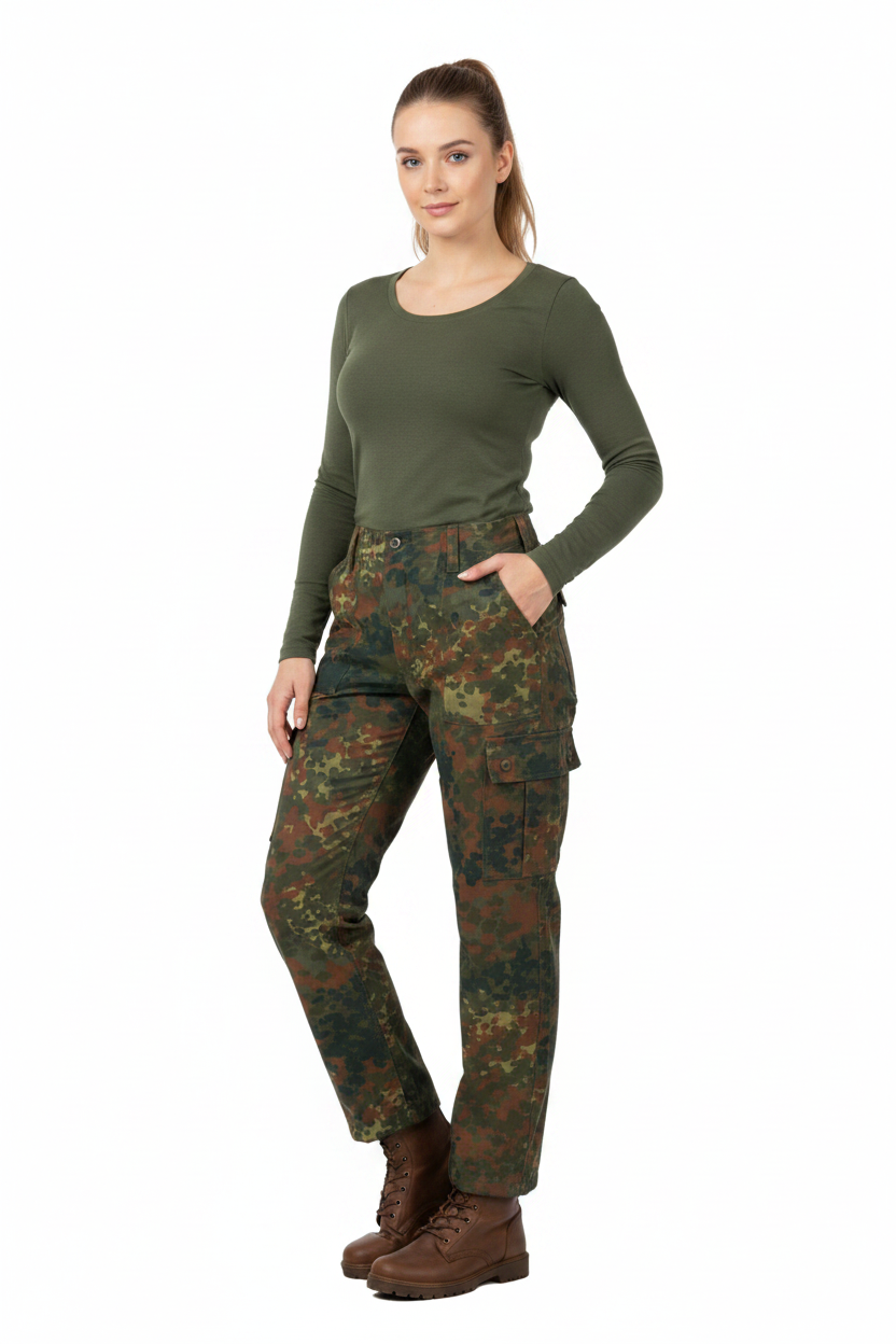 Flecktarn Trousers - Female, Green Shirt & Brown Boots