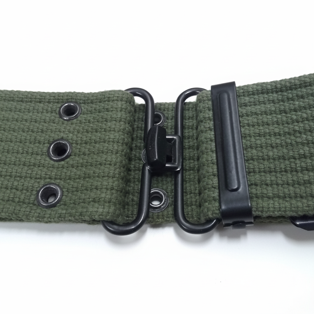 Green belt buckle close-up white bg