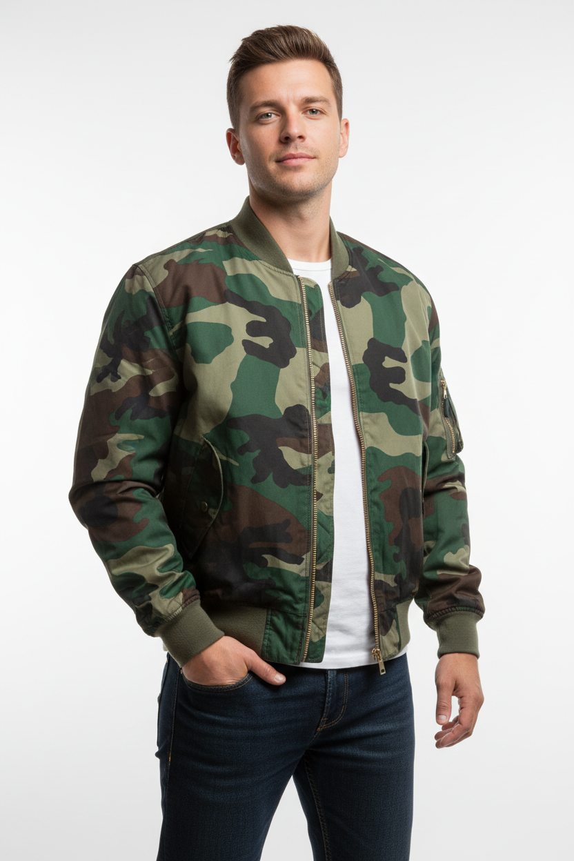 Green Camo MA1 Male Fashion Pose