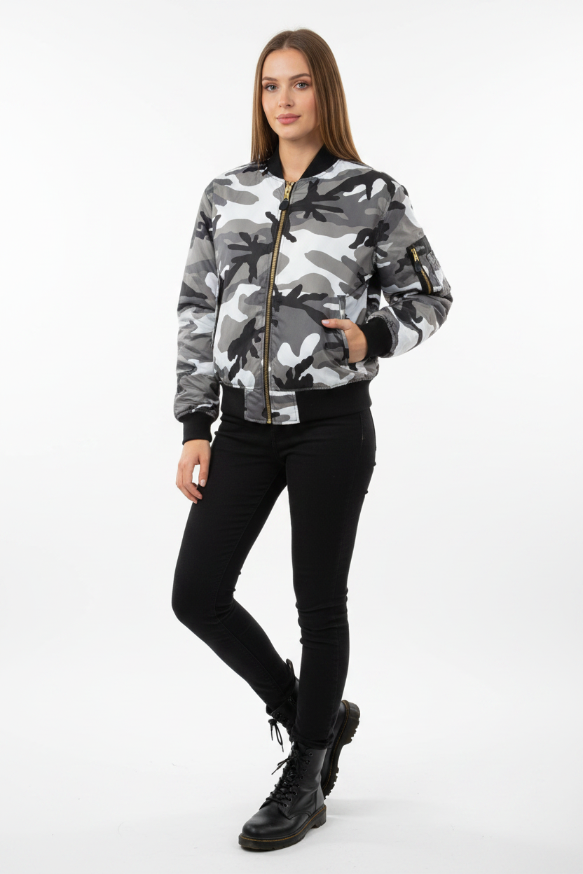 Grey Camo MA1 Female Fashion Pose