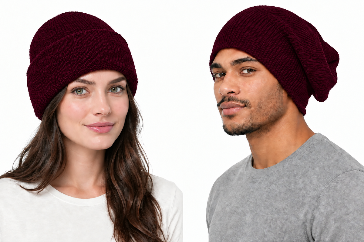 Models wearing maroon wool watch caps