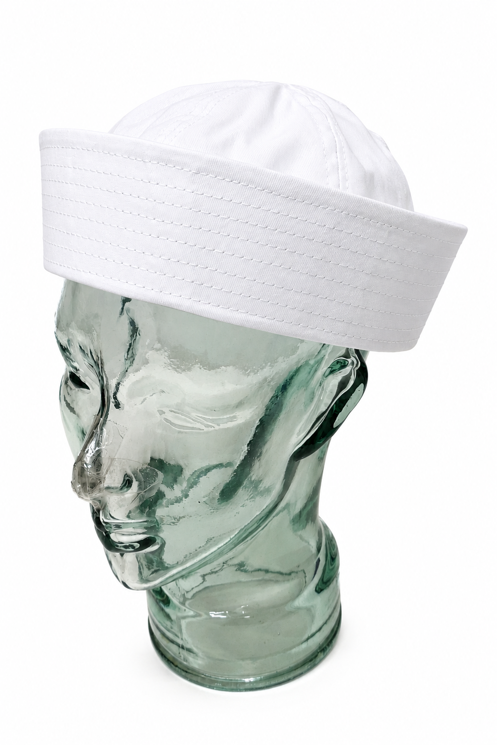 Crisp white sailor hat on glass display head, alternate three-quarter view