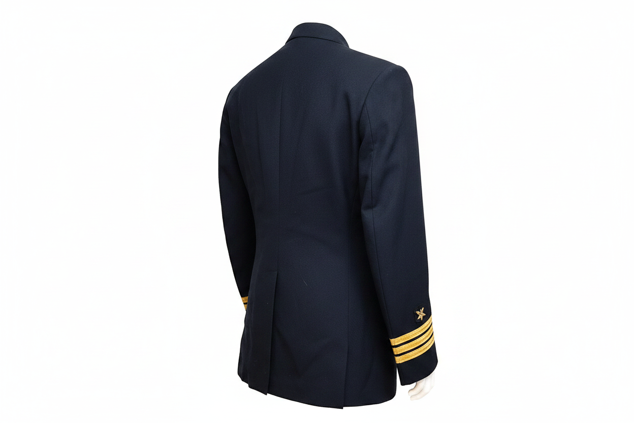 Navy dress jacket rear right view, white background