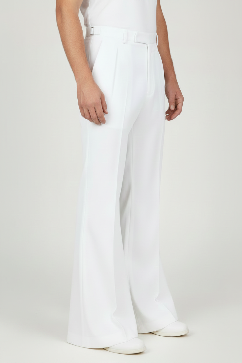 Male model wearing white Royal Navy bell bottom trousers, side profile