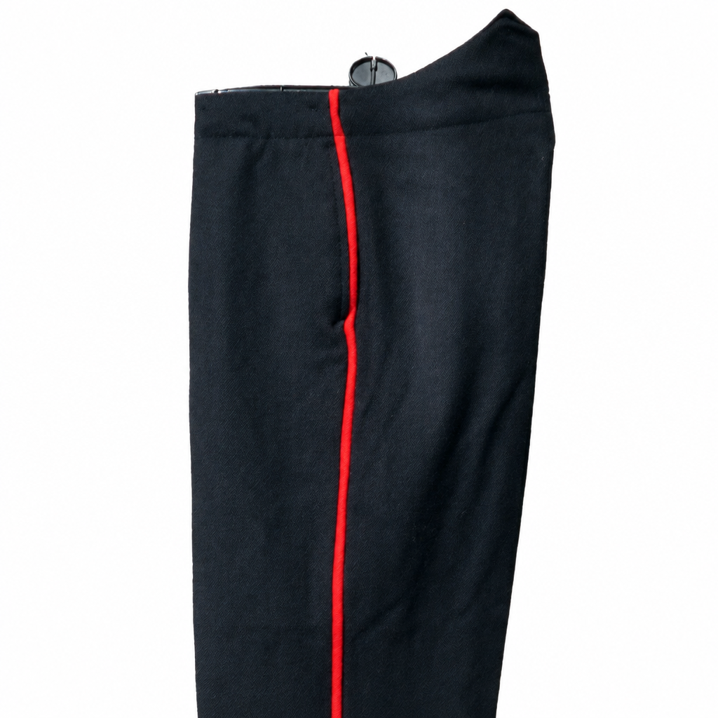 Black wool dress trousers with red piping on a white background