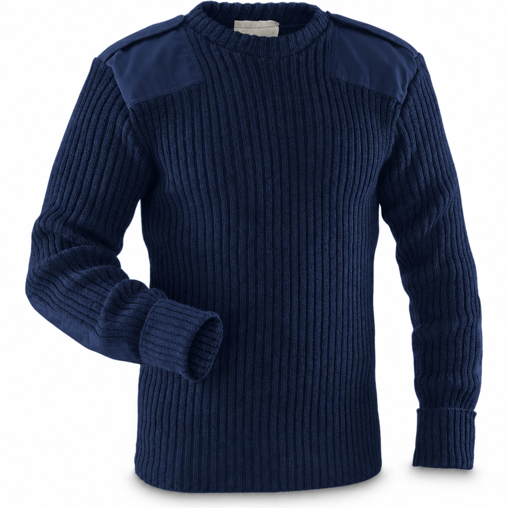 Navy blue ribbed jumper, bent-sleeve front view