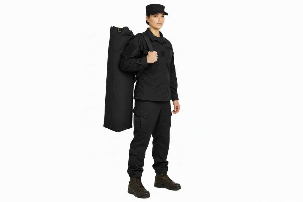 Black kit bag worn by a model