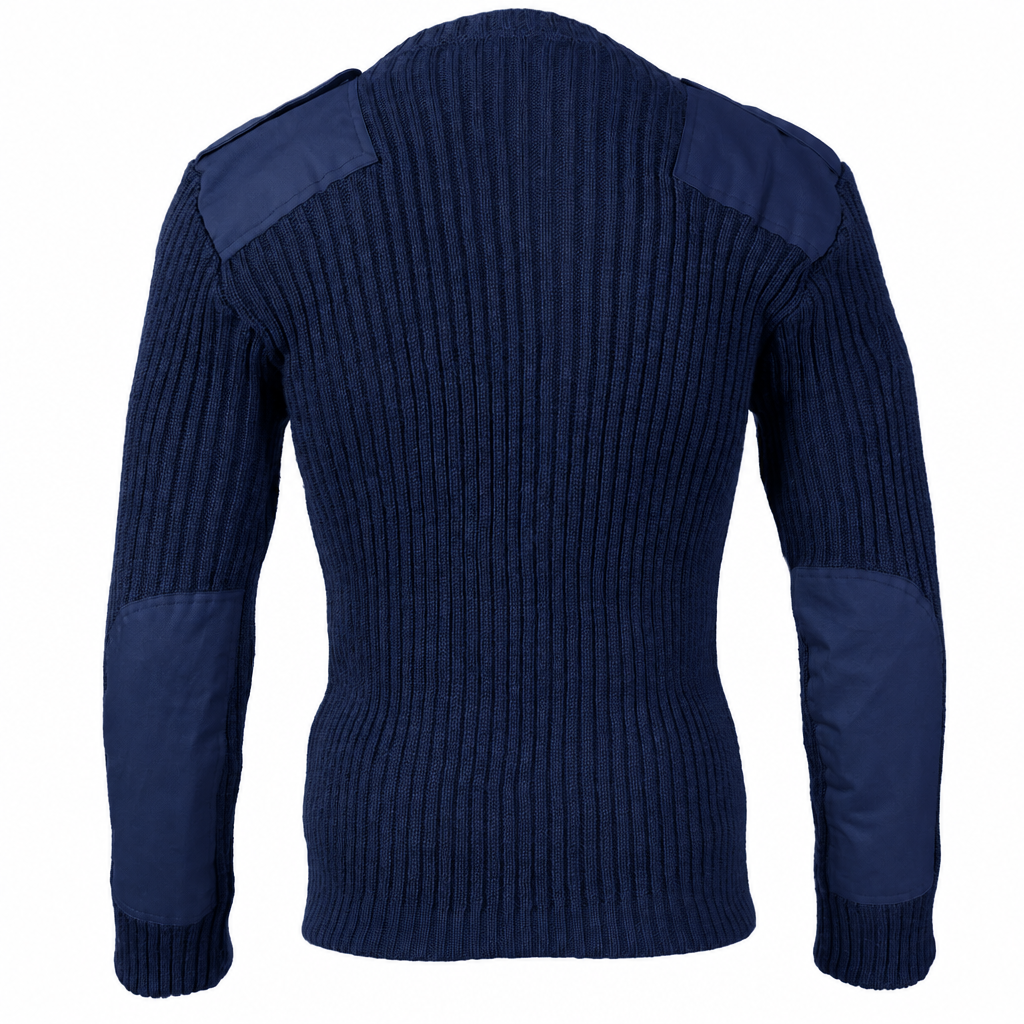 Navy blue ribbed jumper, back view with elbow patches
