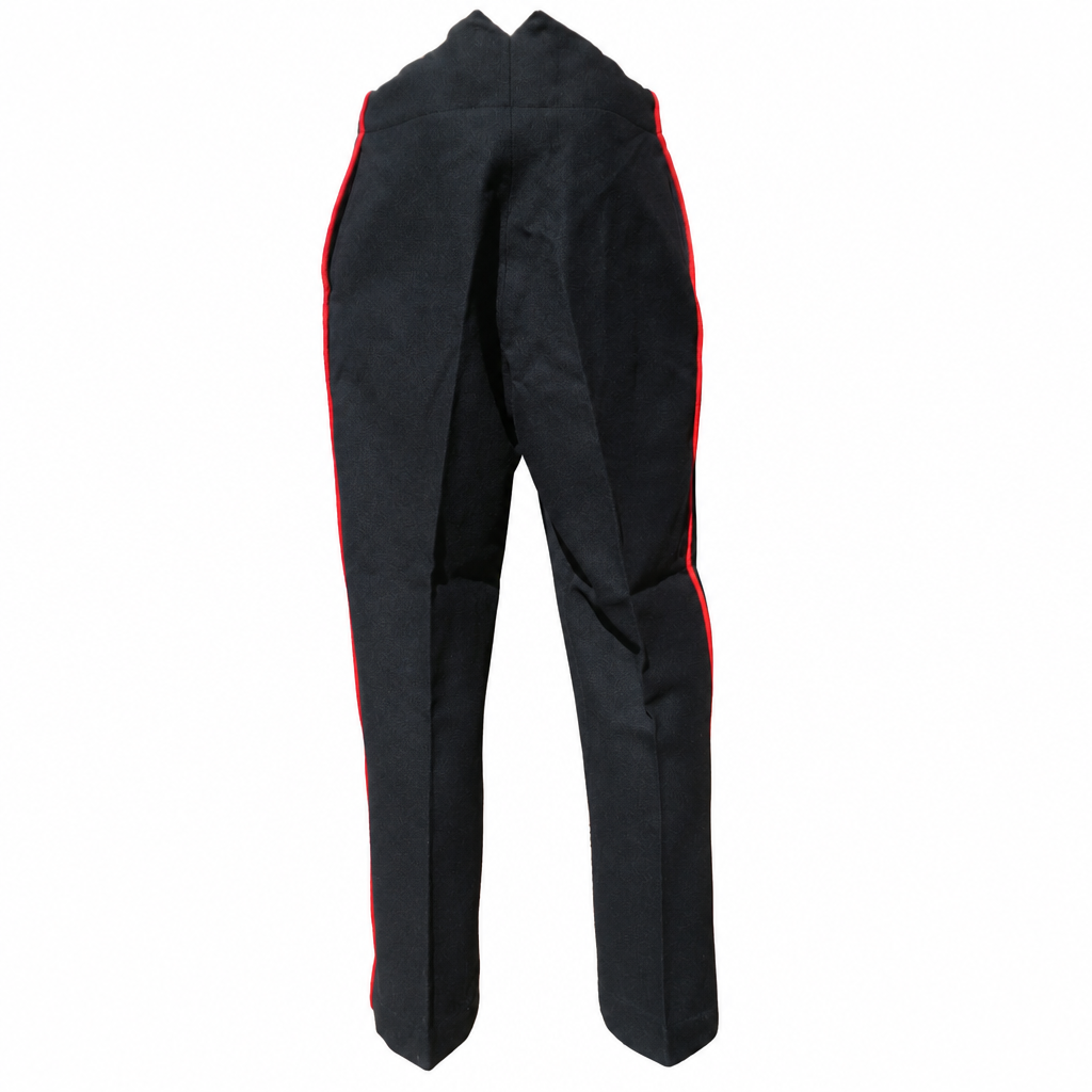 Black wool dress trousers with red piping on a white background