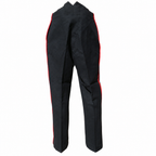 Black wool dress trousers with red piping on a white background