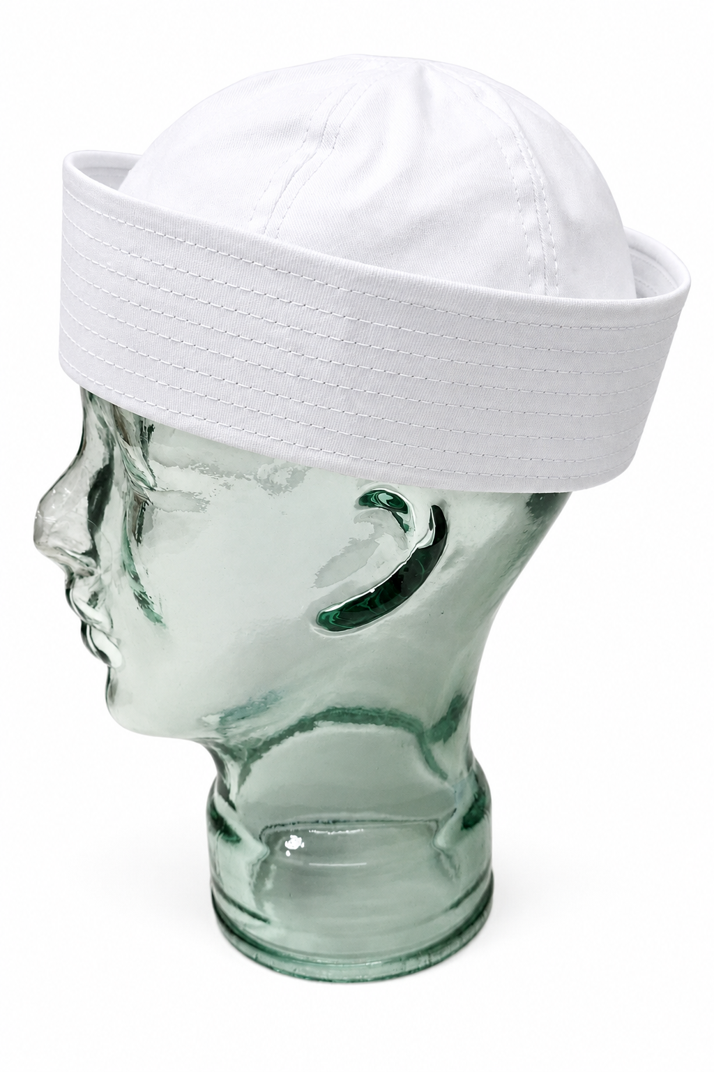 Crisp white sailor hat on glass display head, side view