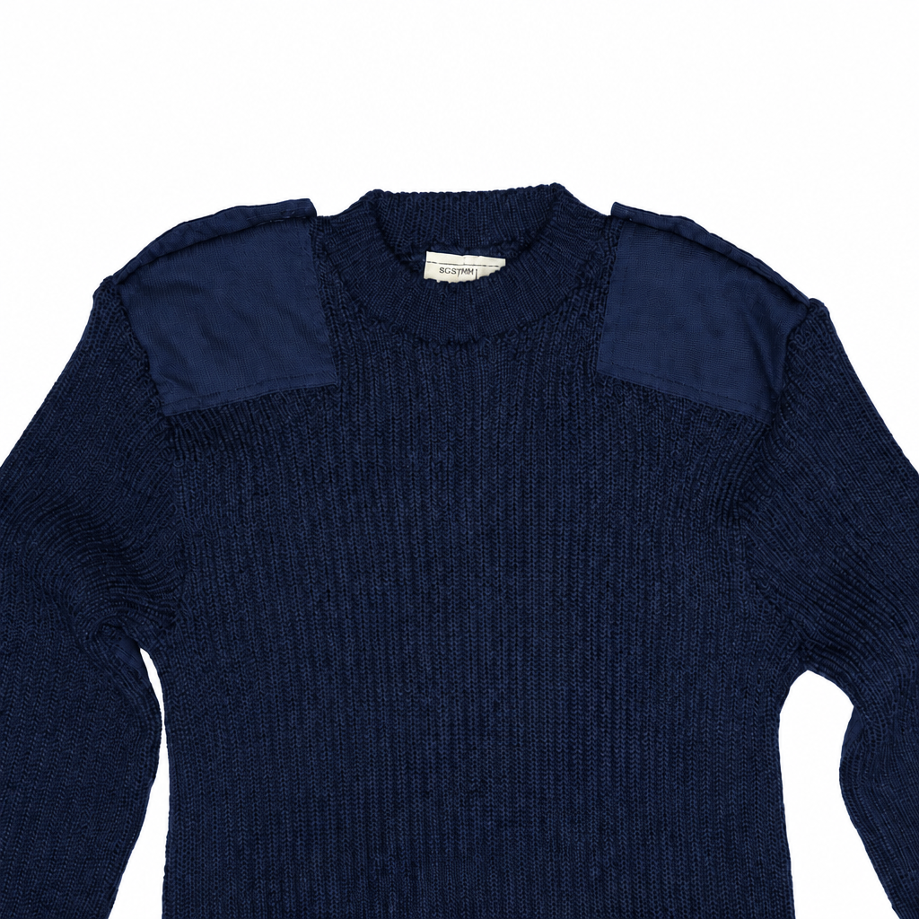 Navy blue ribbed jumper, close-up front view