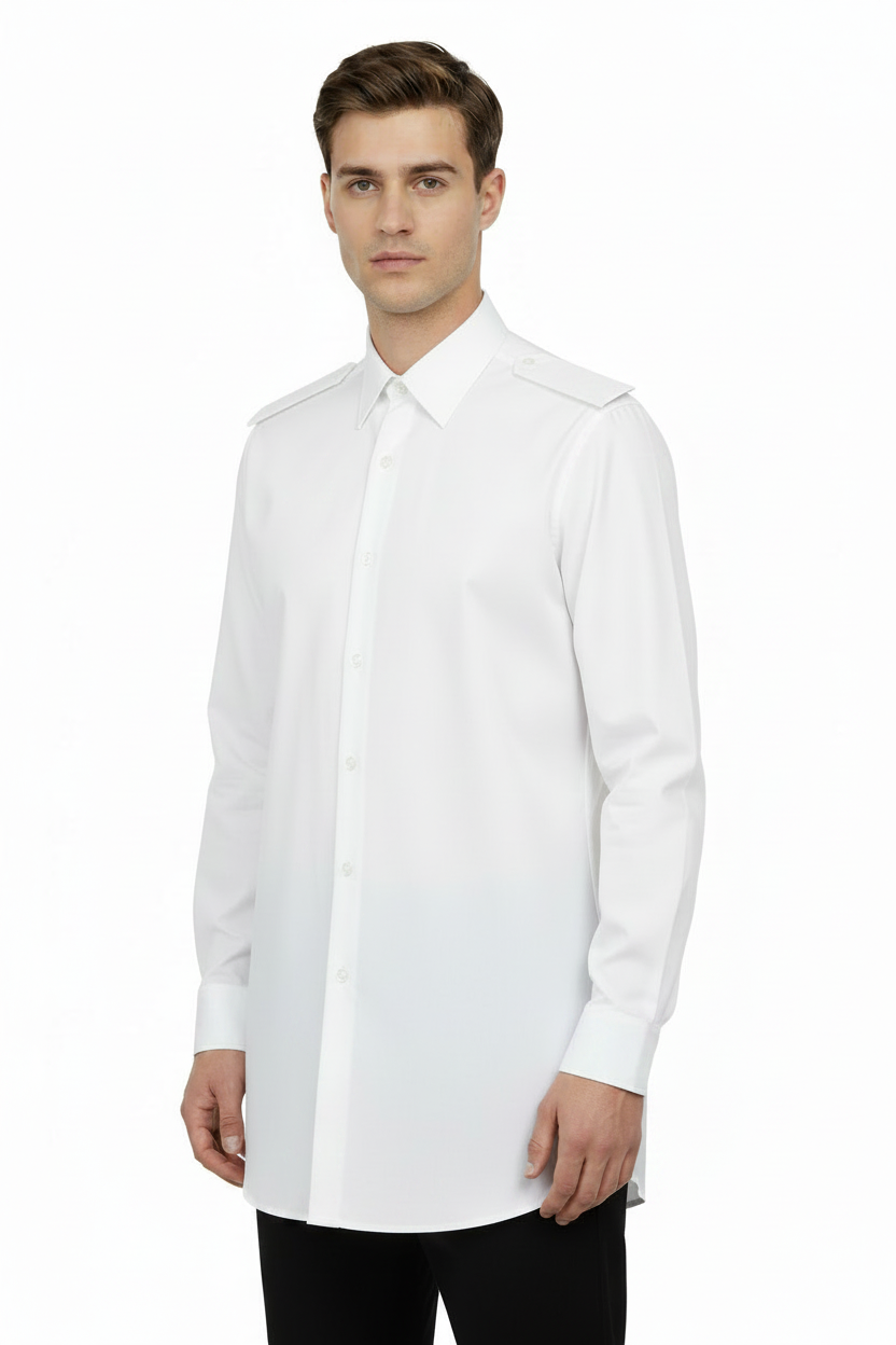 Male model wearing white long-sleeve naval dress shirt with plain epaulettes
