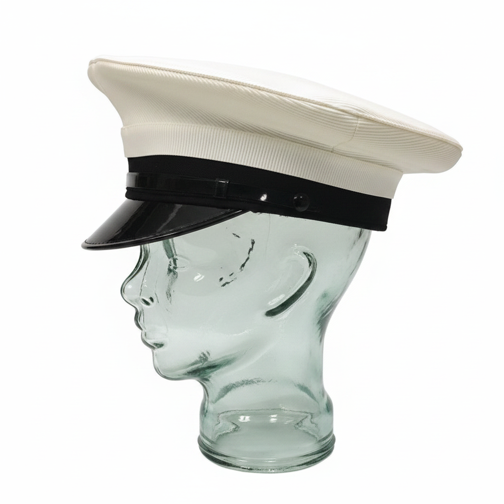 White naval cap cover side profile on glass mannequin white background