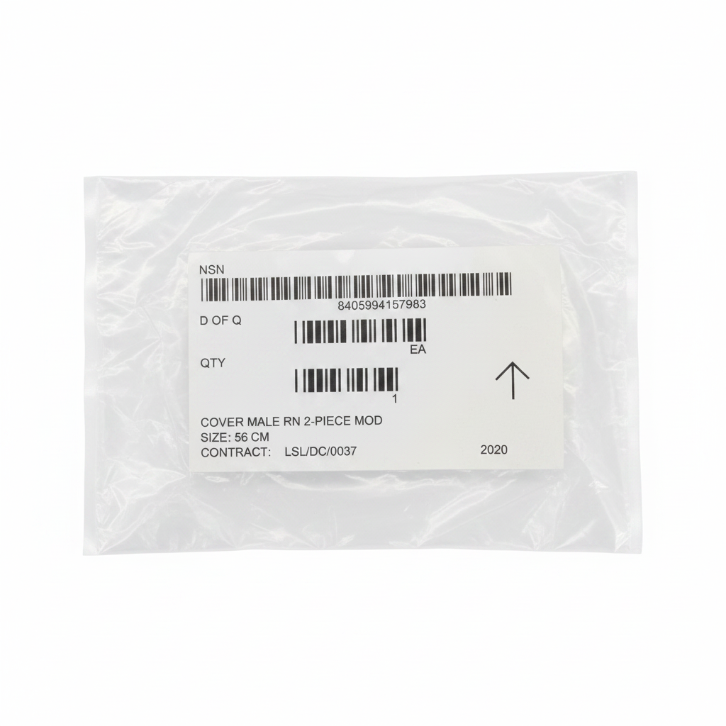 MOD military label in plastic bag on white background