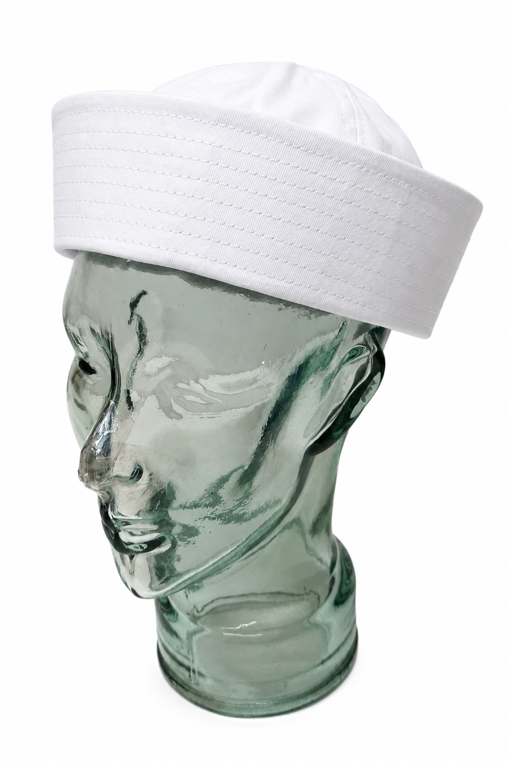 Crisp white sailor hat on glass display head, three-quarter view