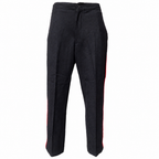 Black wool dress trousers with red piping on a white background